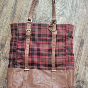 American Rag Shoulder Tote  Bag Brown Red Plaid Faux Brown Leather 14x15